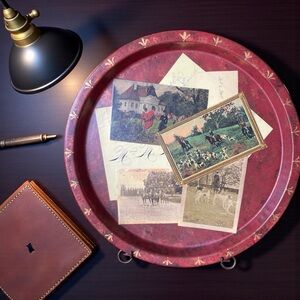 Vintage tole metal serving tray, hunting scenes, 1950-1960, hand painted